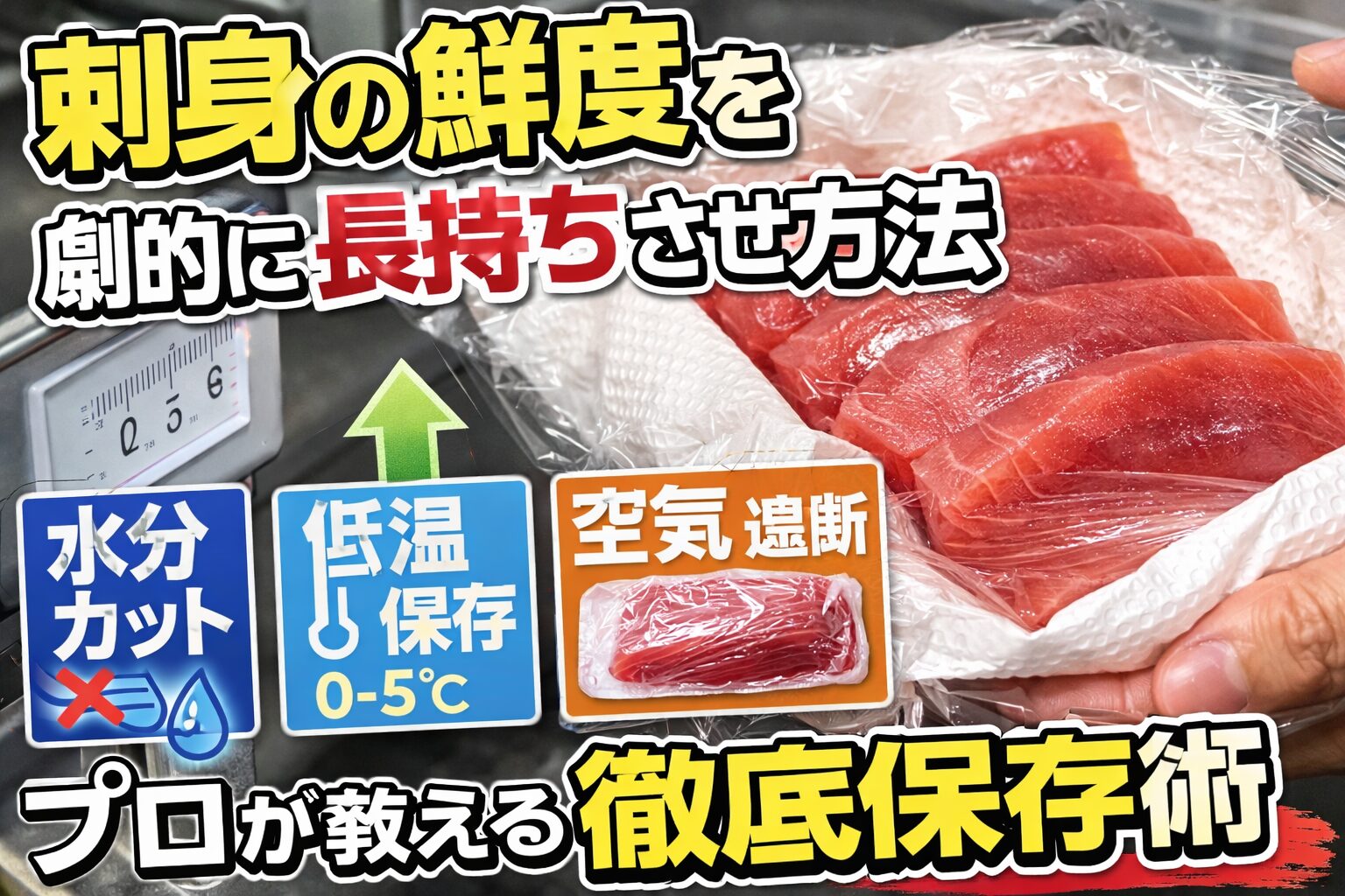 刺身は保存で味が決まる。水分・温度・空気を制御するだけで劇的に変わる。キッチンペーパーとチルド室が最強。釣太郎