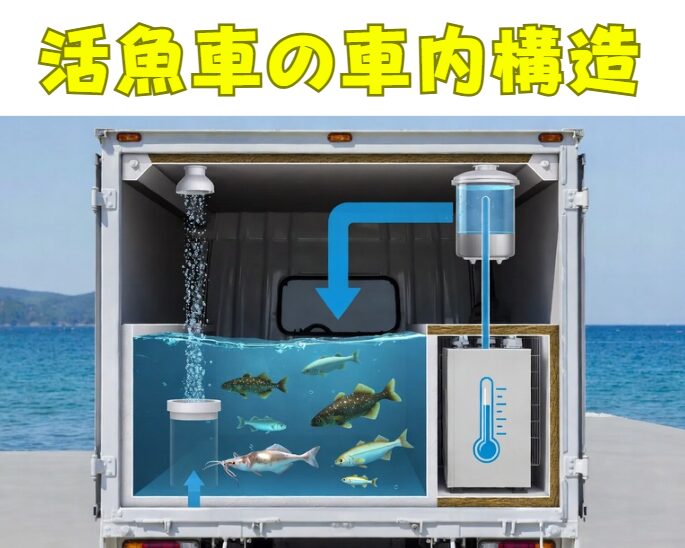 活アジを運ぶ活魚車（活魚輸送車）の内部構造は、魚を生きたまま長距離輸送するための科学的な水質管理システムが核心です。釣太郎